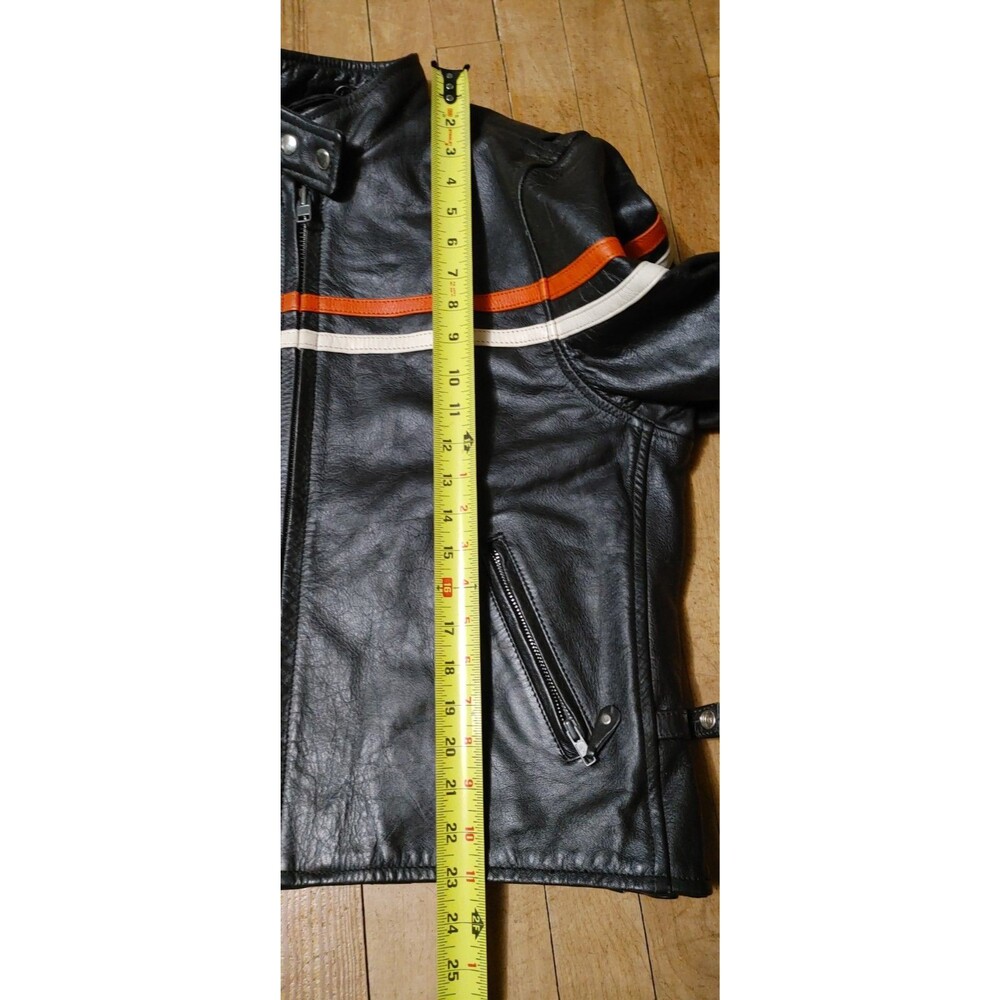Vintage Y2K Men's Black Striped Heavy Duty Leather Rider Jacket Size Large - Picture 7 of 9